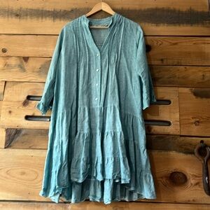 Kaktus 3/4 sleeve linen dress.  Aqua blue.